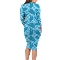 Blue Hawaii Kalo Palaka Motifs Long Sleeve Bodycon Dress Hawaiian Taro Leaves Elegant Vibes LT14 - Polynesian Pride