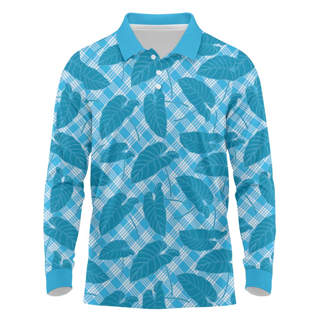 Blue Hawaii Kalo Palaka Motifs Long Sleeve Polo Shirt Hawaiian Taro Leaves Elegant Vibes LT14 Blue - Polynesian Pride
