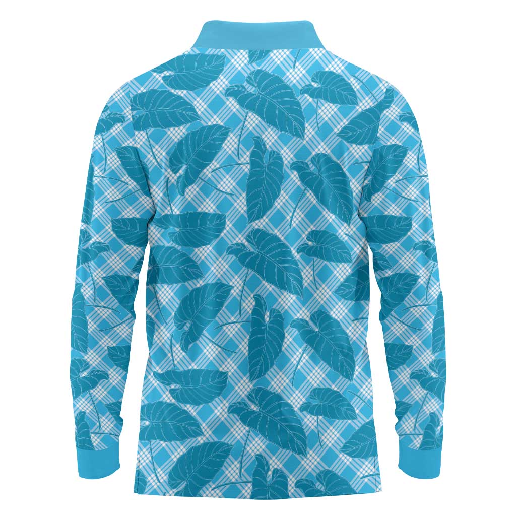 Blue Hawaii Kalo Palaka Motifs Long Sleeve Polo Shirt Hawaiian Taro Leaves Elegant Vibes LT14 - Polynesian Pride