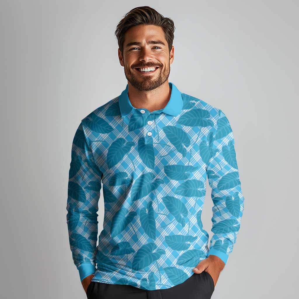 Blue Hawaii Kalo Palaka Motifs Long Sleeve Polo Shirt Hawaiian Taro Leaves Elegant Vibes LT14 - Polynesian Pride
