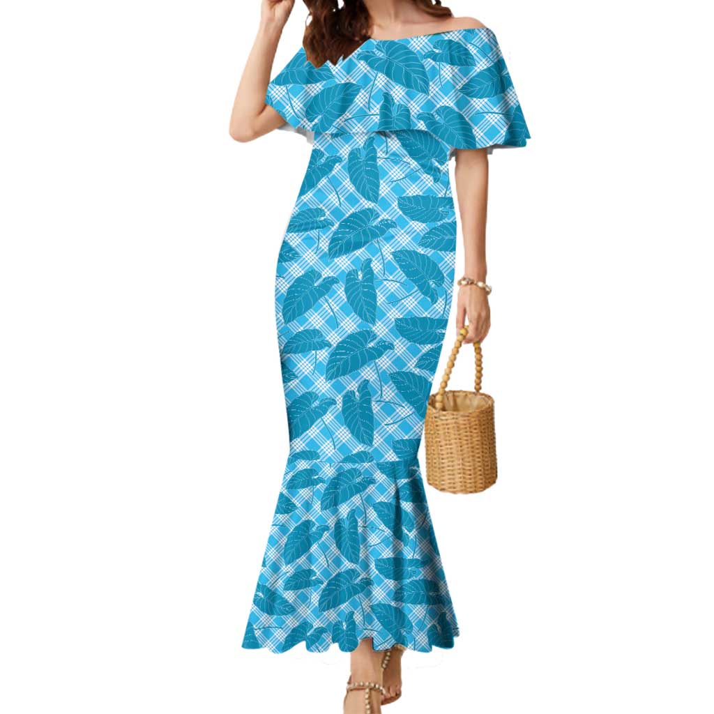 Blue Hawaii Kalo Palaka Motifs Mermaid Dress Hawaiian Taro Leaves Elegant Vibes LT14 Women Blue - Polynesian Pride