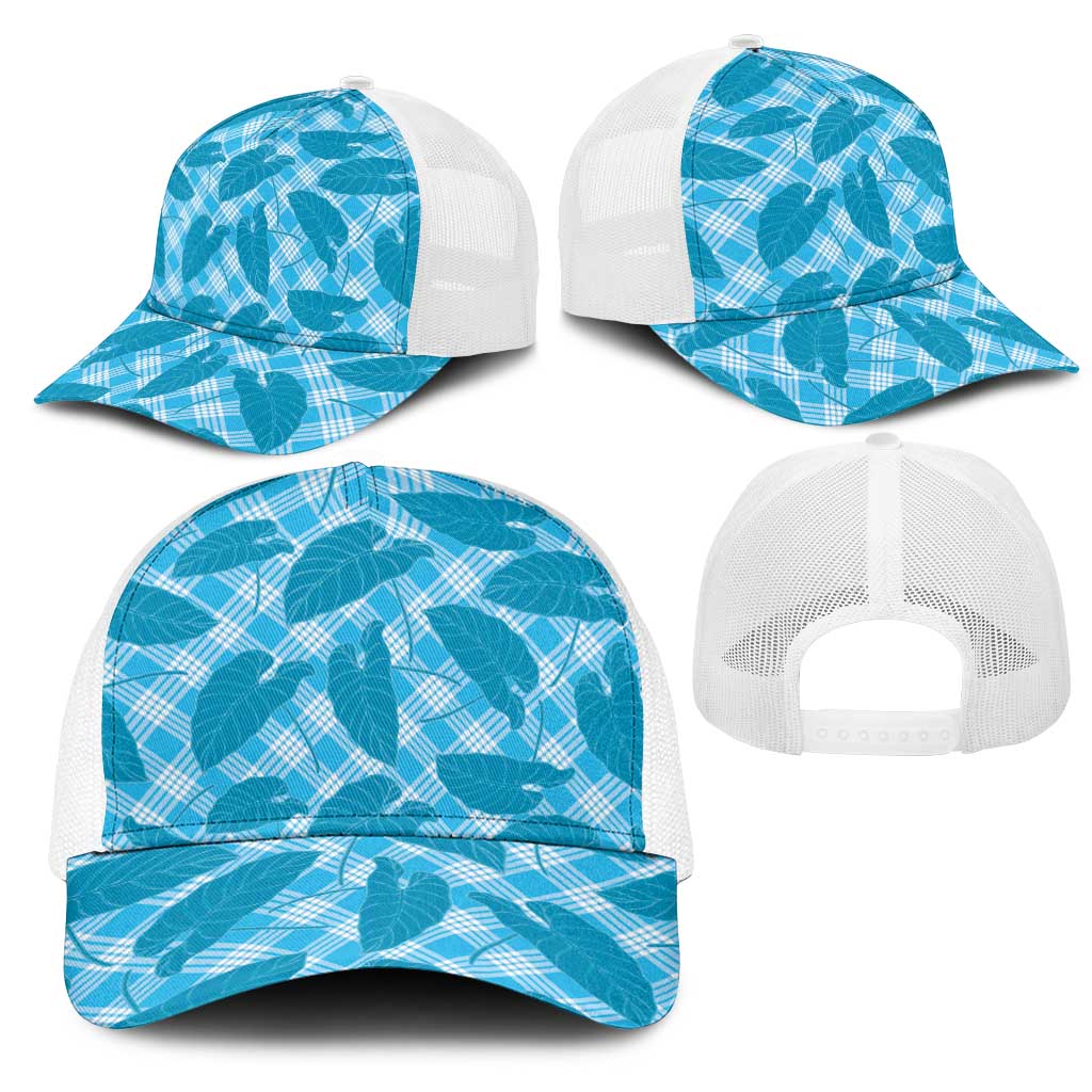 Blue Hawaii Kalo Palaka Motifs Mesh Trucker Cap Hawaiian Taro Leaves Elegant Vibes