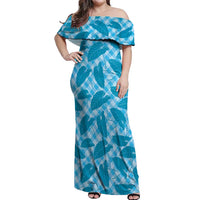Blue Hawaii Kalo Palaka Motifs Off Shoulder Maxi Dress Hawaiian Taro Leaves Elegant Vibes LT14 Women Blue - Polynesian Pride