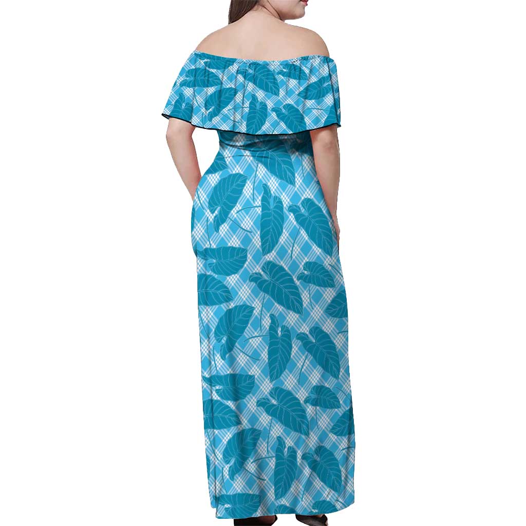 Blue Hawaii Kalo Palaka Motifs Off Shoulder Maxi Dress Hawaiian Taro Leaves Elegant Vibes LT14 - Polynesian Pride