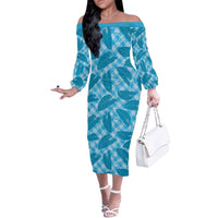 Blue Hawaii Kalo Palaka Motifs Off The Shoulder Long Sleeve Dress Hawaiian Taro Leaves Elegant Vibes LT14 Women Blue - Polynesian Pride