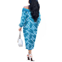 Blue Hawaii Kalo Palaka Motifs Off The Shoulder Long Sleeve Dress Hawaiian Taro Leaves Elegant Vibes LT14 - Polynesian Pride