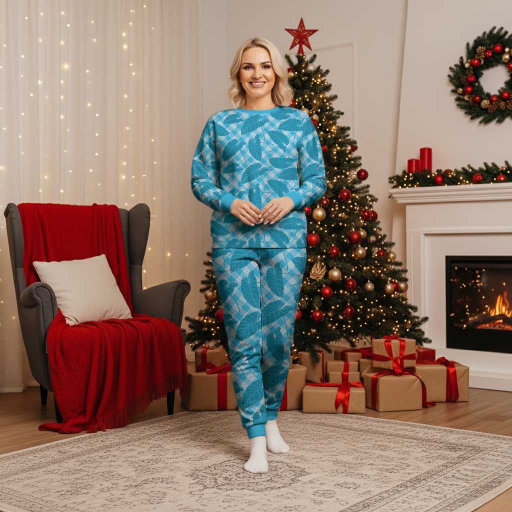Blue Hawaii Kalo Palaka Motifs Christmas Pajama Set Hawaiian Taro Leaves Elegant Vibes LT14 Women Blue - Polynesian Pride