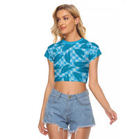 Blue Hawaii Kalo Palaka Motifs Raglan Cropped T Shirt Hawaiian Taro Leaves Elegant Vibes LT14 Female Blue - Polynesian Pride