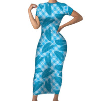 Blue Hawaii Kalo Palaka Motifs Short Sleeve Bodycon Dress Hawaiian Taro Leaves Elegant Vibes LT14 Long Dress Blue - Polynesian Pride