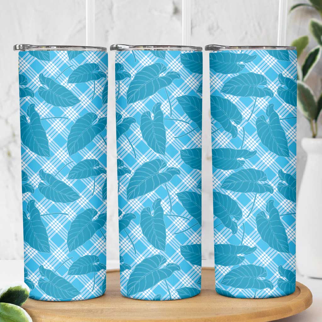 Blue Hawaii Kalo Palaka Motifs Skinny Tumbler Hawaiian Taro Leaves Elegant Vibes LT14 - Polynesian Pride