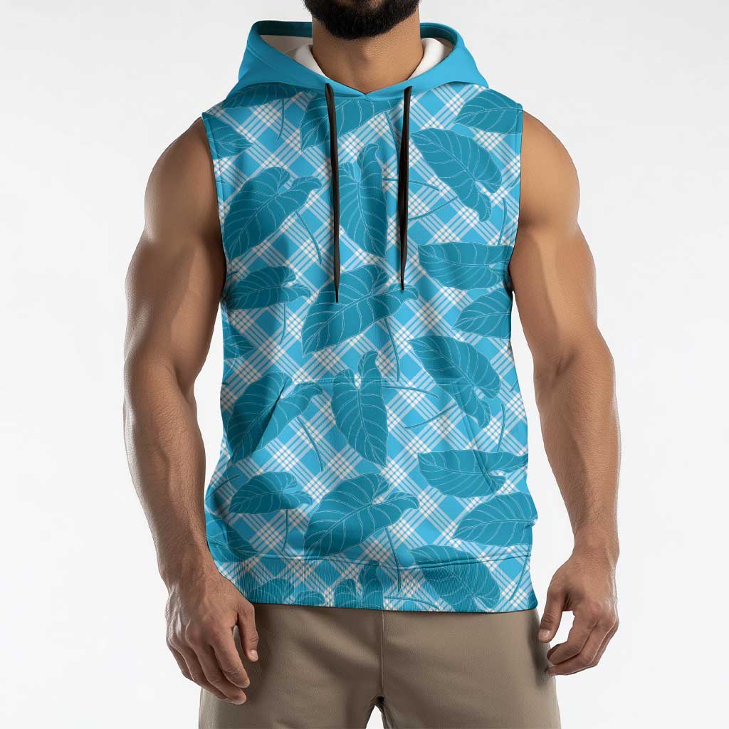 Blue Hawaii Kalo Palaka Motifs Sleeveless Hoodie Hawaiian Taro Leaves Elegant Vibes LT14 - Polynesian Pride