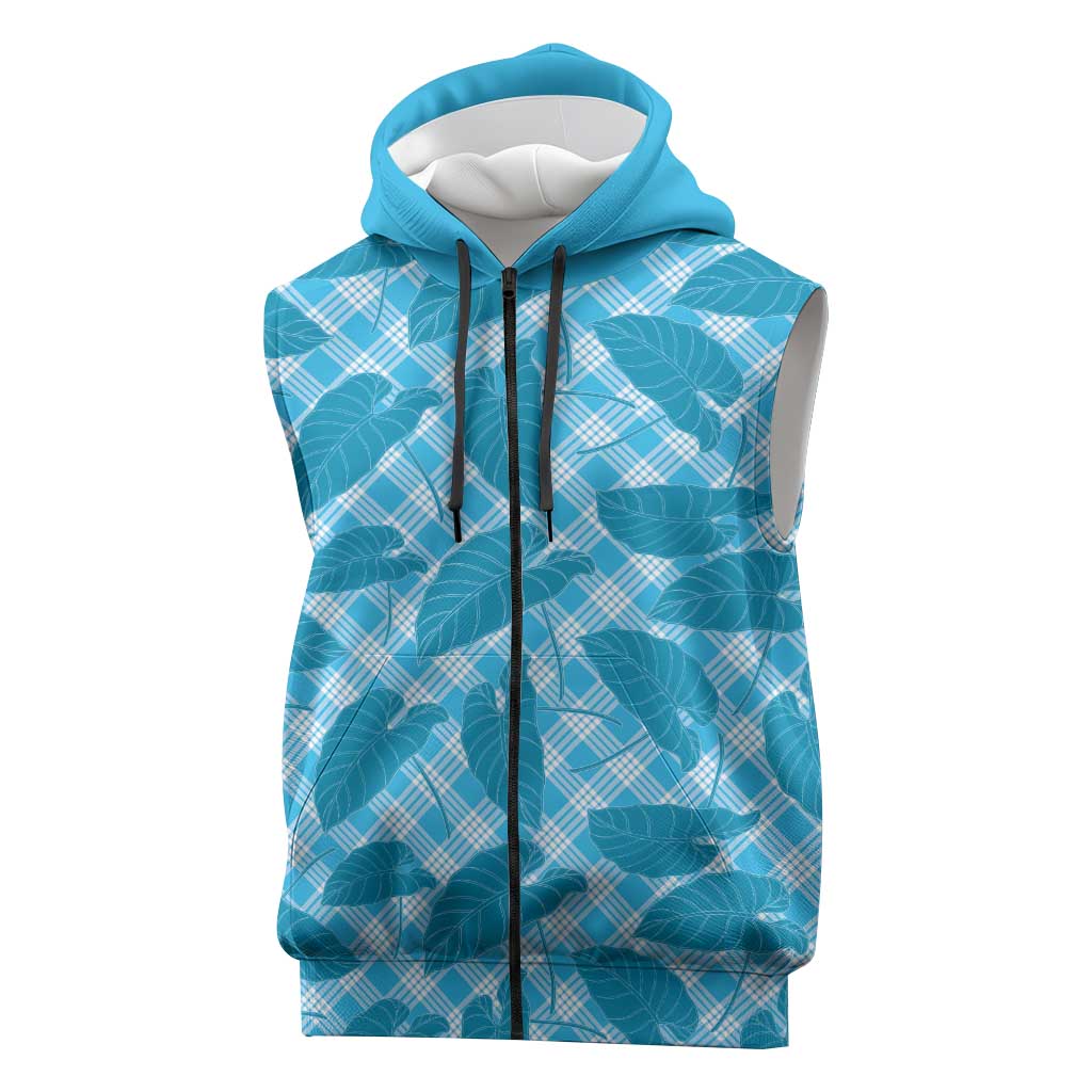 Blue Hawaii Kalo Palaka Motifs Sleeveless Zip Hoodie Hawaiian Taro Leaves Elegant Vibes LT14 Blue - Polynesian Pride