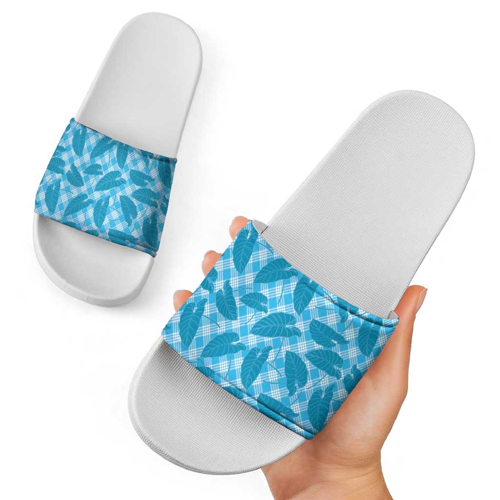 Blue Hawaii Kalo Palaka Motifs Slide Sandals Hawaiian Taro Leaves Elegant Vibes - Polynesian Pride