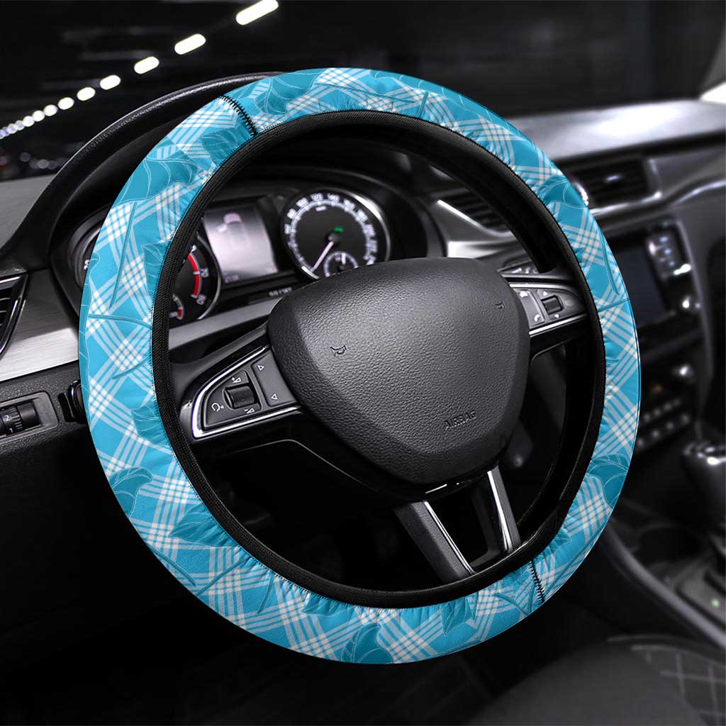 Blue Hawaii Kalo Palaka Motifs Steering Wheel Cover Hawaiian Taro Leaves Elegant Vibes - Polynesian Pride
