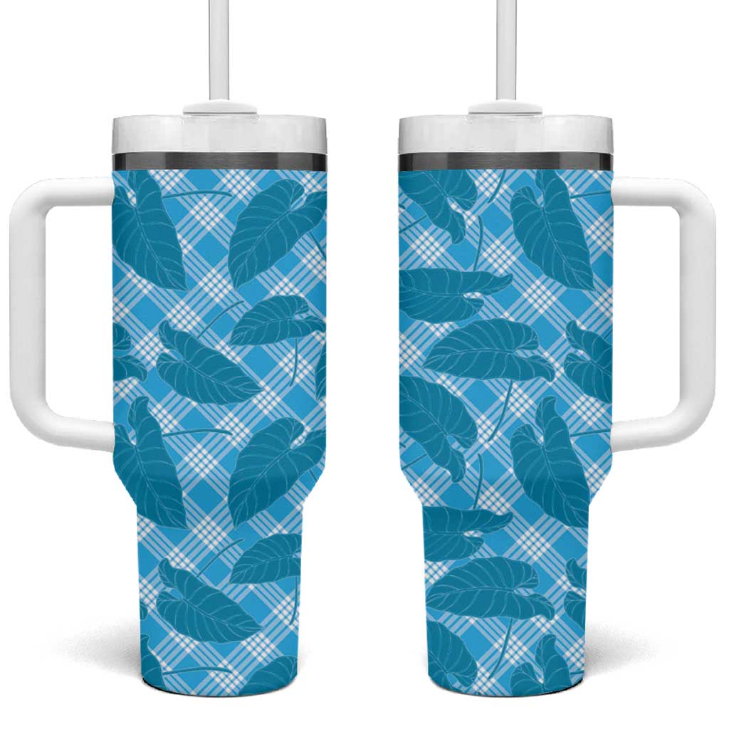 Blue Hawaii Kalo Palaka Motifs Tumbler With Handle Hawaiian Taro Leaves Elegant Vibes LT14 One Size: 40 oz Blue - Polynesian Pride