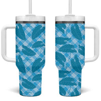 Blue Hawaii Kalo Palaka Motifs Tumbler With Handle Hawaiian Taro Leaves Elegant Vibes LT14 One Size: 40 oz Blue - Polynesian Pride