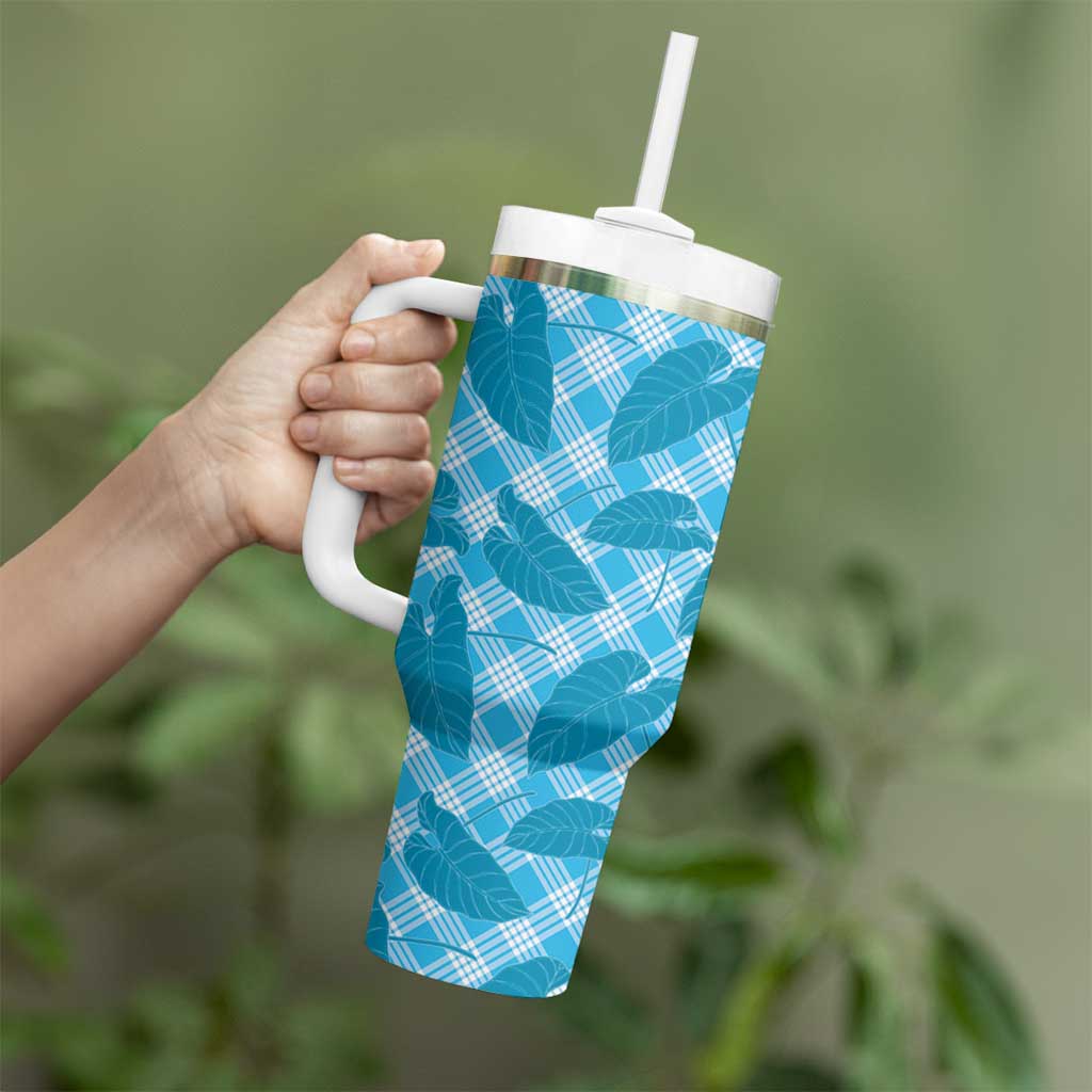 Blue Hawaii Kalo Palaka Motifs Tumbler With Handle Hawaiian Taro Leaves Elegant Vibes LT14 - Polynesian Pride