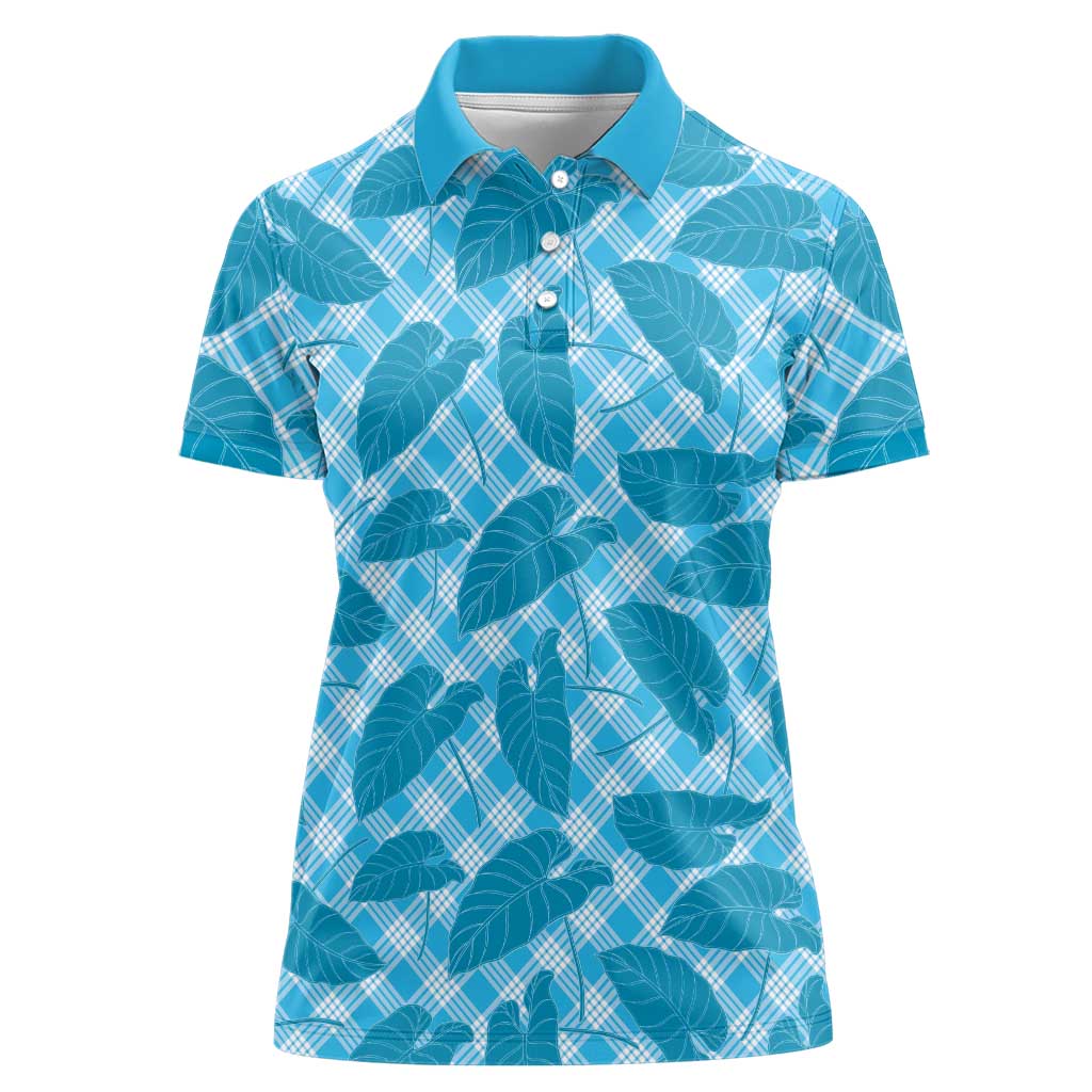 Blue Hawaii Kalo Palaka Motifs Women Polo Shirt Hawaiian Taro Leaves Elegant Vibes LT14 Female Blue - Polynesian Pride