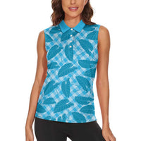 Blue Hawaii Kalo Palaka Motifs Women Sleeveless Polo Shirt Hawaiian Taro Leaves Elegant Vibes LT14 - Polynesian Pride