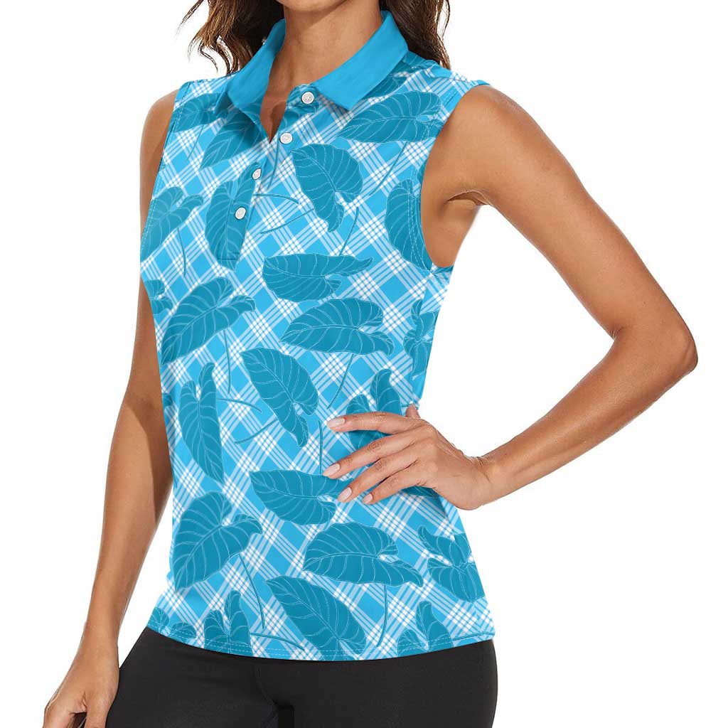 Blue Hawaii Kalo Palaka Motifs Women Sleeveless Polo Shirt Hawaiian Taro Leaves Elegant Vibes LT14 - Polynesian Pride