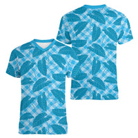 Blue Hawaii Kalo Palaka Motifs Women V-Neck T-Shirt Hawaiian Taro Leaves Elegant Vibes LT14 - Polynesian Pride