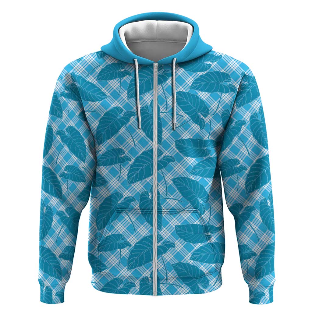 Blue Hawaii Kalo Palaka Motifs Zip Hoodie Hawaiian Taro Leaves Elegant Vibes LT14 Zip Hoodie Blue - Polynesian Pride