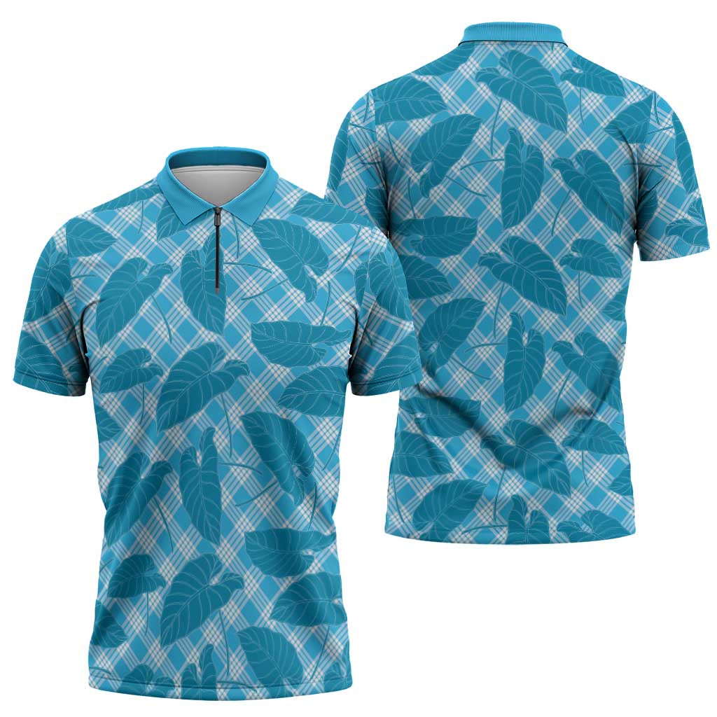 Blue Hawaii Kalo Palaka Motifs Zipper Polo Shirt Hawaiian Taro Leaves Elegant Vibes LT14 - Polynesian Pride