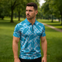 Blue Hawaii Kalo Palaka Motifs Zipper Polo Shirt Hawaiian Taro Leaves Elegant Vibes LT14 - Polynesian Pride