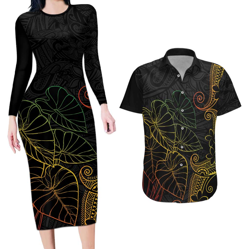Aloha Hawaii Kalo Couples Matching Long Sleeve Bodycon Dress and Hawaiian Shirt Reggae Taro Polynesian Pattern LT14 Black - Polynesian Pride