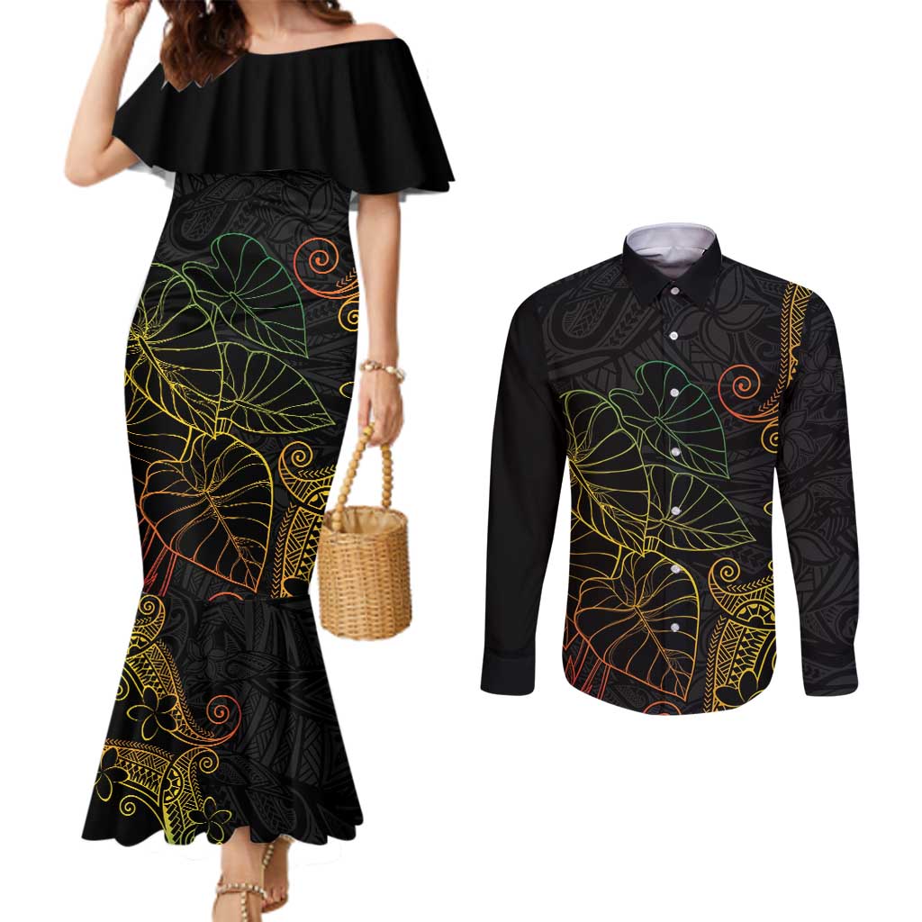 Aloha Hawaii Kalo Couples Matching Mermaid Dress and Long Sleeve Button Shirt Reggae Taro Polynesian Pattern LT14 Black - Polynesian Pride