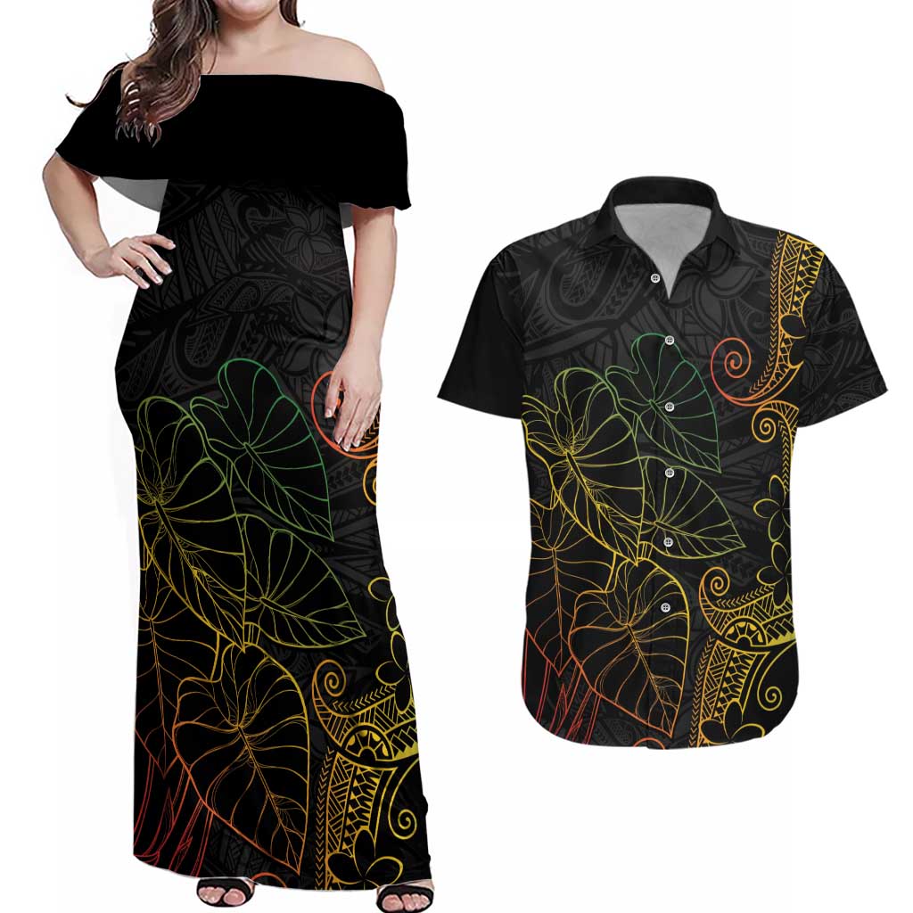 Aloha Hawaii Kalo Couples Matching Off Shoulder Maxi Dress and Hawaiian Shirt Reggae Taro Polynesian Pattern LT14 Black - Polynesian Pride