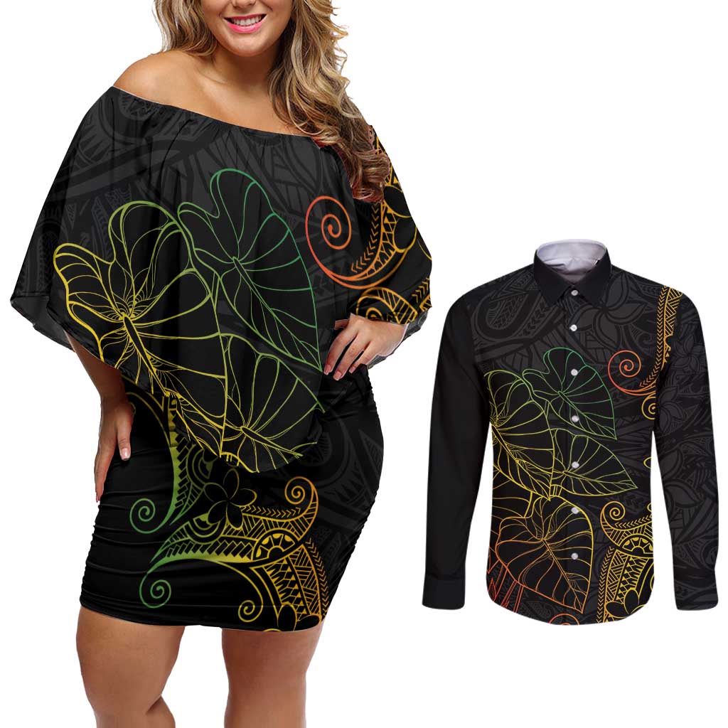 Aloha Hawaii Kalo Couples Matching Off Shoulder Short Dress and Long Sleeve Button Shirt Reggae Taro Polynesian Pattern LT14 Black - Polynesian Pride