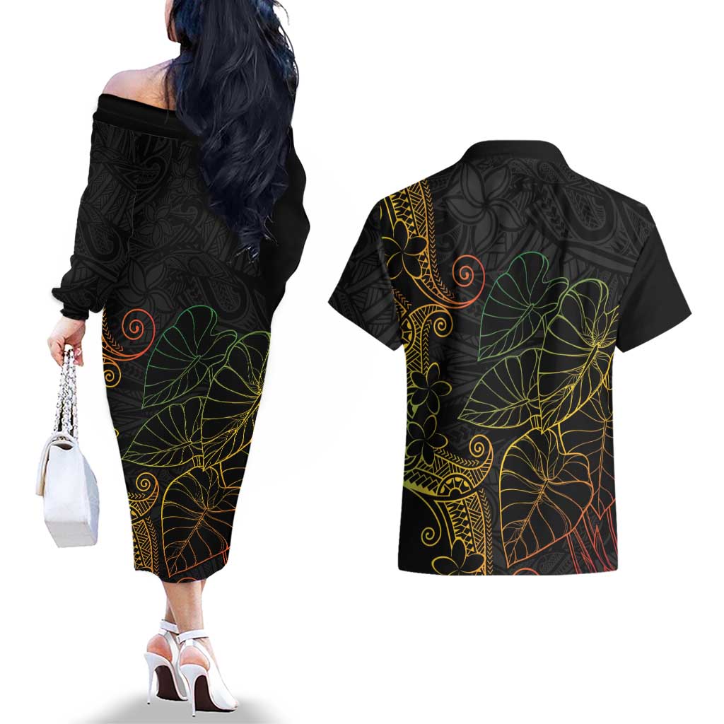 Aloha Hawaii Kalo Couples Matching Off The Shoulder Long Sleeve Dress and Hawaiian Shirt Reggae Taro Polynesian Pattern LT14 - Polynesian Pride