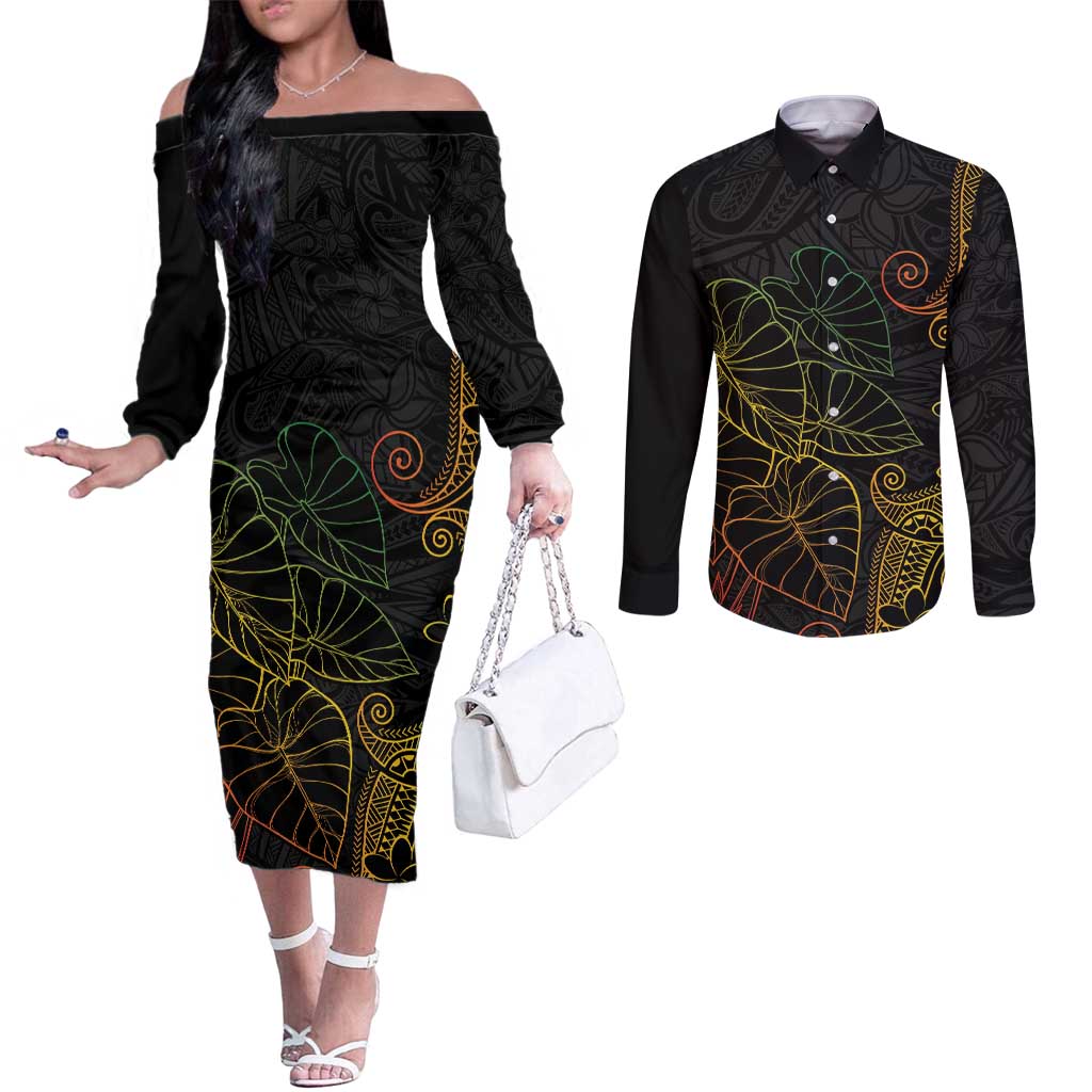 Aloha Hawaii Kalo Couples Matching Off The Shoulder Long Sleeve Dress and Long Sleeve Button Shirt Reggae Taro Polynesian Pattern LT14 Black - Polynesian Pride