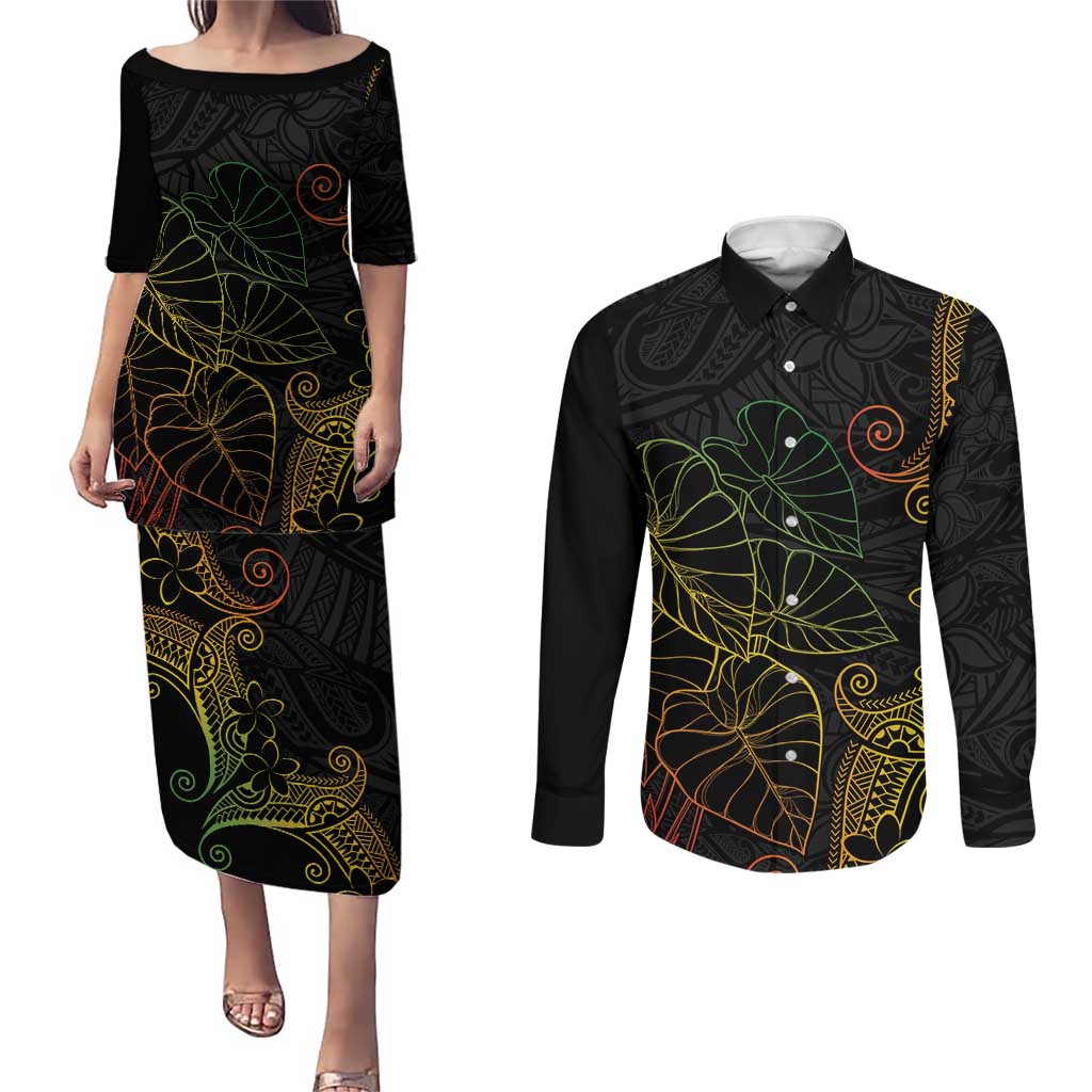 Aloha Hawaii Kalo Couples Matching Puletasi and Long Sleeve Button Shirt Reggae Taro Polynesian Pattern LT14 Black - Polynesian Pride