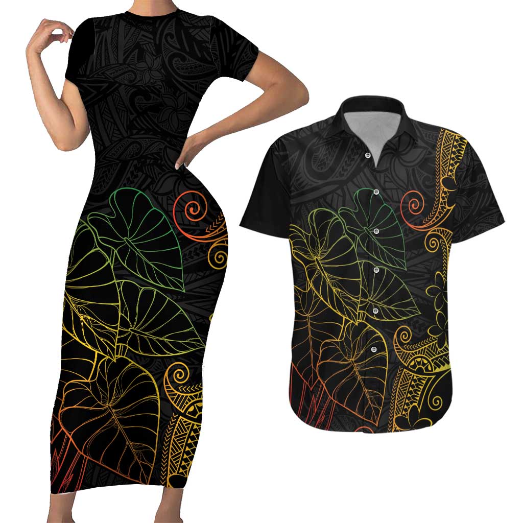 Aloha Hawaii Kalo Couples Matching Short Sleeve Bodycon Dress and Hawaiian Shirt Reggae Taro Polynesian Pattern LT14 Black - Polynesian Pride