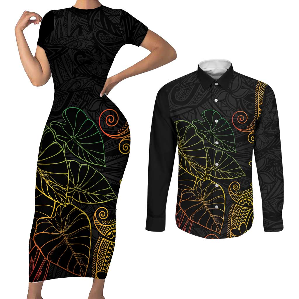 Aloha Hawaii Kalo Couples Matching Short Sleeve Bodycon Dress and Long Sleeve Button Shirt Reggae Taro Polynesian Pattern LT14 Black - Polynesian Pride
