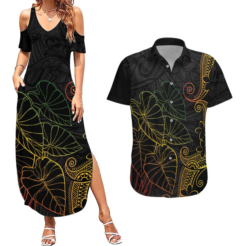 Aloha Hawaii Kalo Couples Matching Summer Maxi Dress and Hawaiian Shirt Reggae Taro Polynesian Pattern LT14 Black - Polynesian Pride
