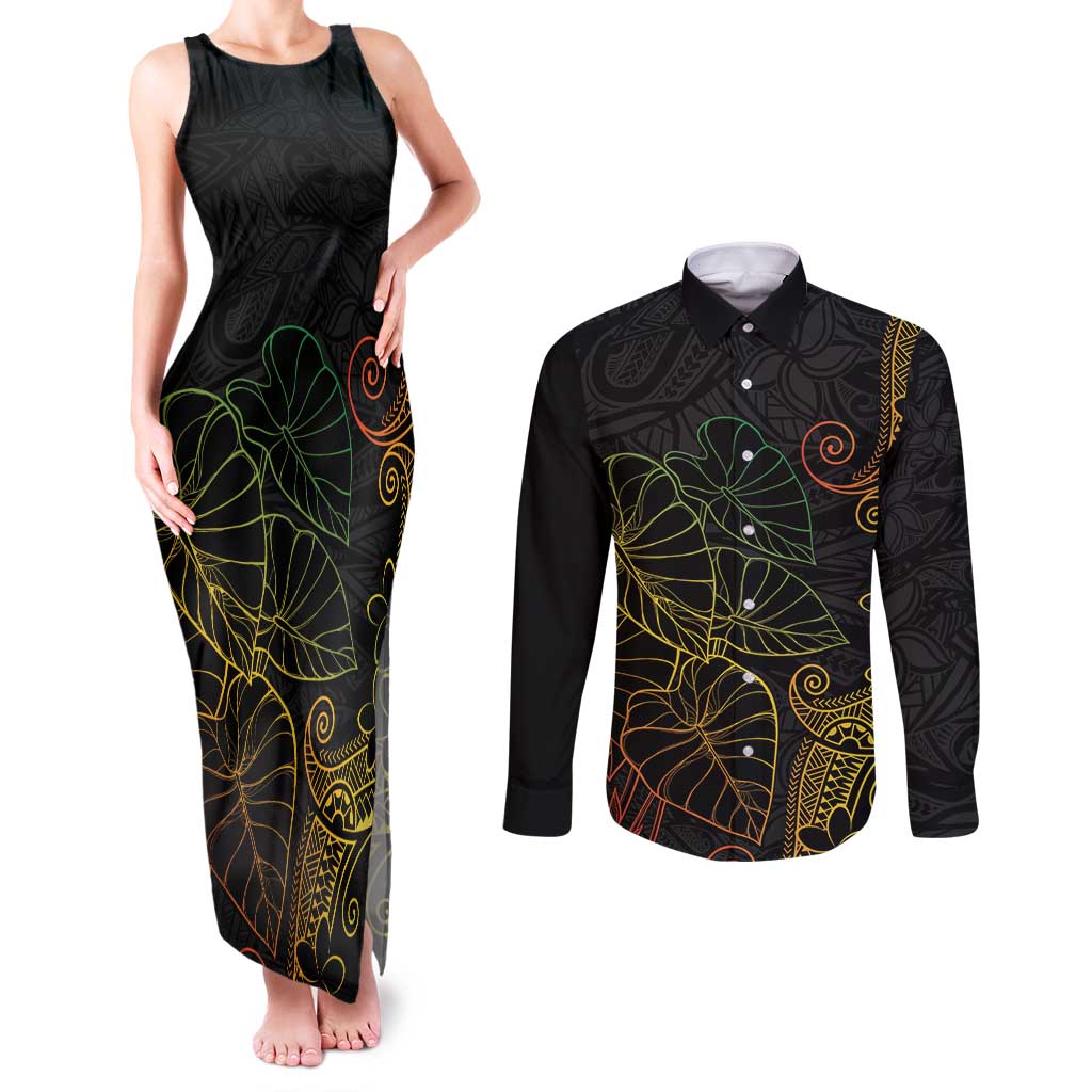 Aloha Hawaii Kalo Couples Matching Tank Maxi Dress and Long Sleeve Button Shirt Reggae Taro Polynesian Pattern - Polynesian Pride