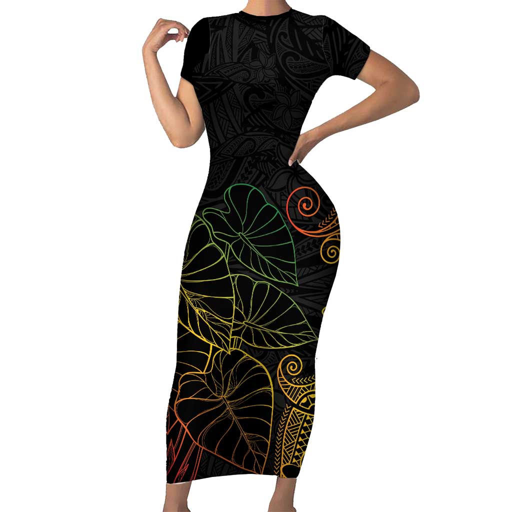 Aloha Hawaii Kalo Family Matching Short Sleeve Bodycon Dress and Hawaiian Shirt Reggae Taro Polynesian Pattern LT14 Mom's Dress Black - Polynesian Pride
