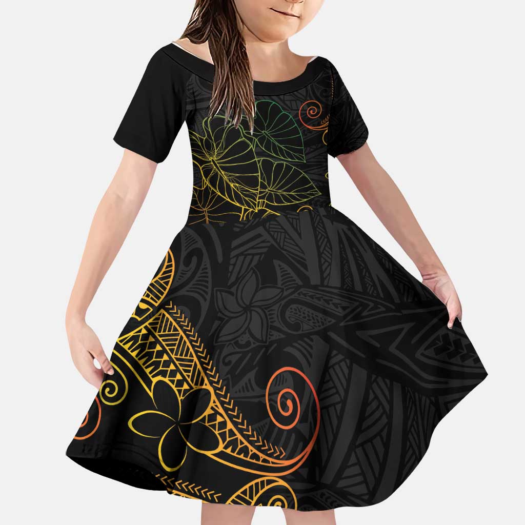 Aloha Hawaii Kalo Family Matching Summer Maxi Dress and Hawaiian Shirt Reggae Taro Polynesian Pattern LT14 Daughter's Dress Black - Polynesian Pride