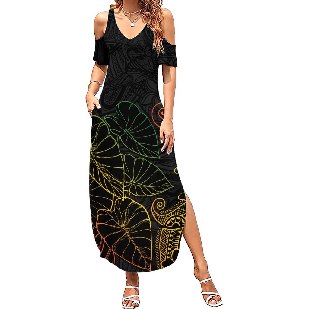 Aloha Hawaii Kalo Family Matching Summer Maxi Dress and Hawaiian Shirt Reggae Taro Polynesian Pattern LT14 Mom's Dress Black - Polynesian Pride