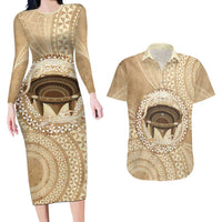 Tonga Skink Kava Bowl Couples Matching Long Sleeve Bodycon Dress and Hawaiian Shirt Vintage Tongan Ngatu Pattern LT14 Brown - Polynesian Pride