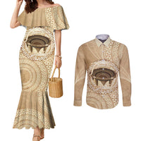 Tonga Skink Kava Bowl Couples Matching Mermaid Dress and Long Sleeve Button Shirt Vintage Tongan Ngatu Pattern LT14 Brown - Polynesian Pride