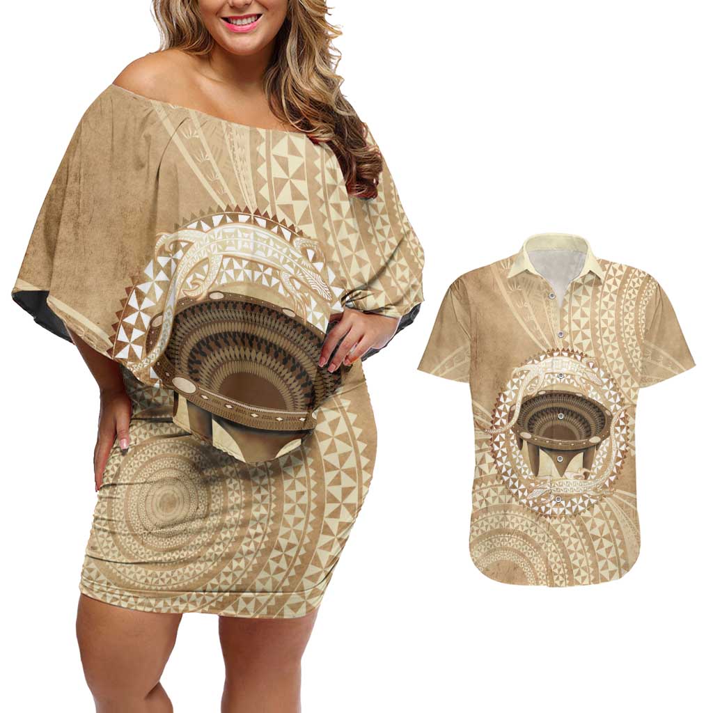 Tonga Skink Kava Bowl Couples Matching Off Shoulder Short Dress and Hawaiian Shirt Vintage Tongan Ngatu Pattern LT14 Brown - Polynesian Pride