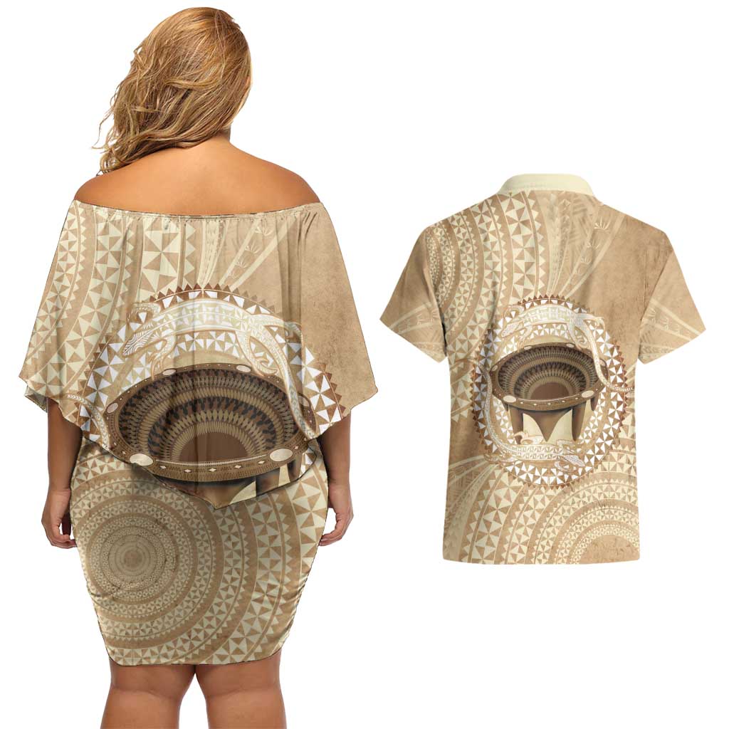 Tonga Skink Kava Bowl Couples Matching Off Shoulder Short Dress and Hawaiian Shirt Vintage Tongan Ngatu Pattern LT14 - Polynesian Pride
