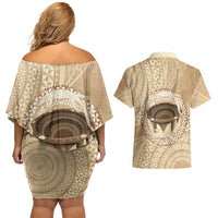 Tonga Skink Kava Bowl Couples Matching Off Shoulder Short Dress and Hawaiian Shirt Vintage Tongan Ngatu Pattern LT14 - Polynesian Pride