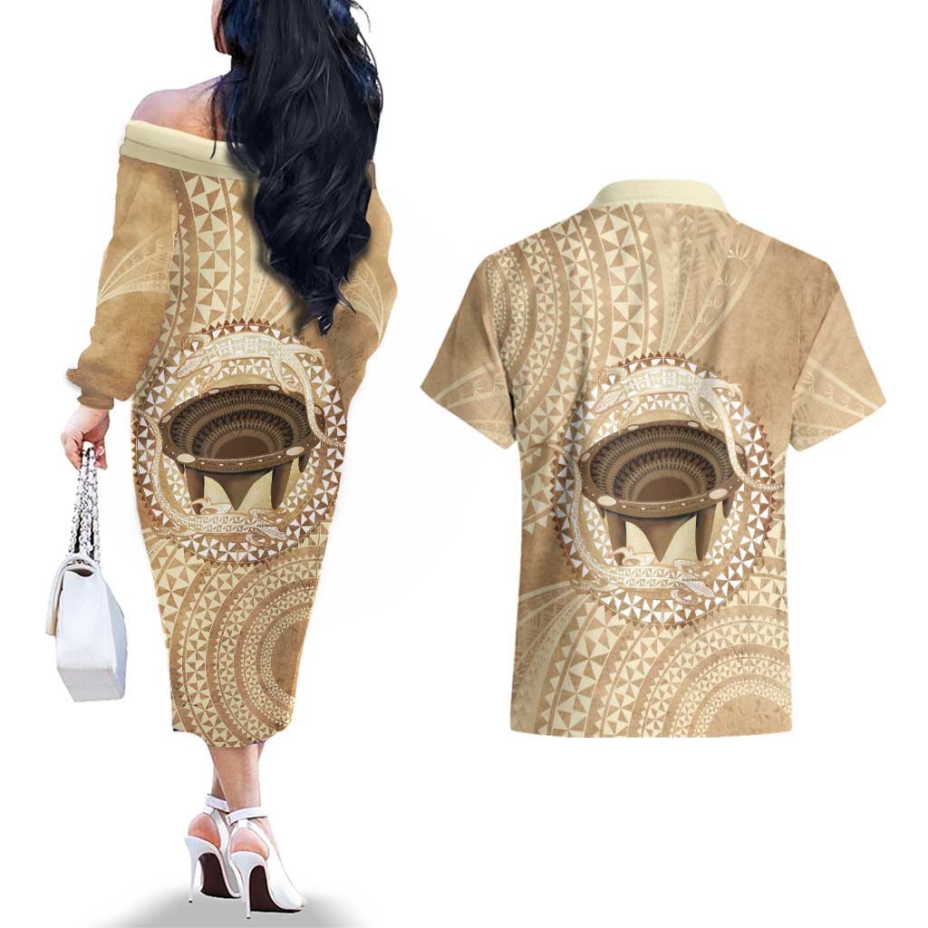 Tonga Skink Kava Bowl Couples Matching Off The Shoulder Long Sleeve Dress and Hawaiian Shirt Vintage Tongan Ngatu Pattern LT14 - Polynesian Pride