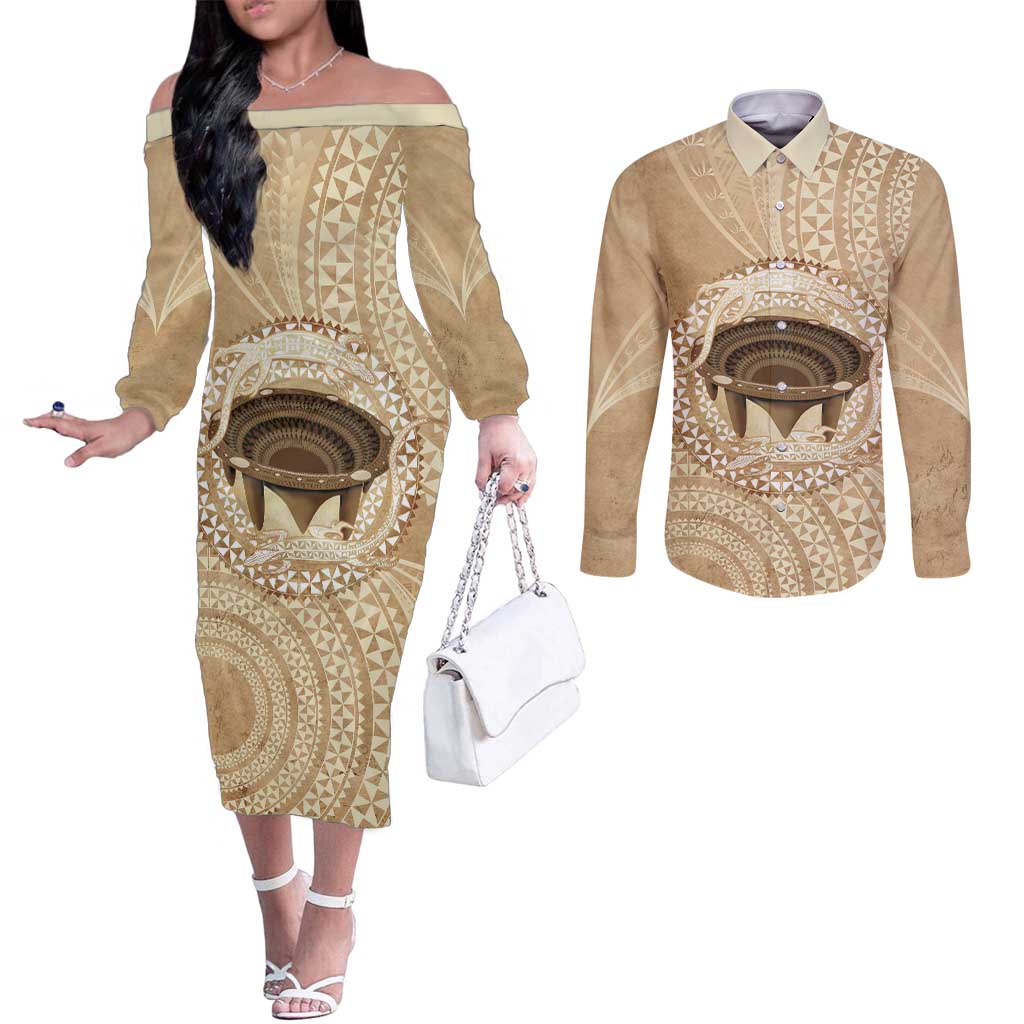 Tonga Skink Kava Bowl Couples Matching Off The Shoulder Long Sleeve Dress and Long Sleeve Button Shirt Vintage Tongan Ngatu Pattern LT14 Brown - Polynesian Pride