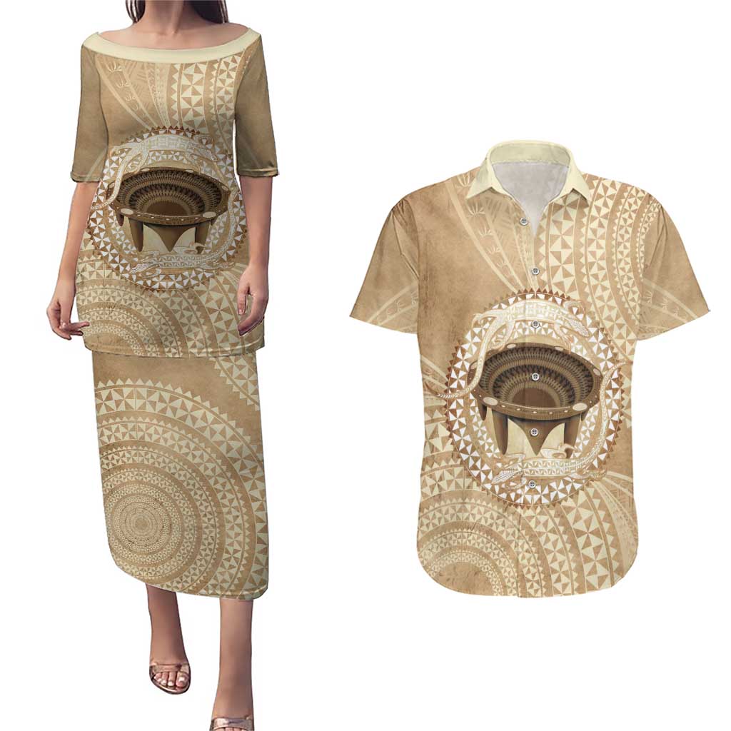 Tonga Skink Kava Bowl Couples Matching Puletasi and Hawaiian Shirt Vintage Tongan Ngatu Pattern